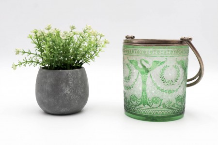 Balde de gelo em vidro verde gravado a ácido com estrutura em prata e asa 